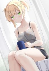 Rule 34 | 1girl, asymmetrical hair, bare arms, bare shoulders, black shorts, blonde hair, blunt bangs, blush, braid, breasts, camisole, cleavage, closed mouth, commentary request, cup, curtains, feet out of frame, girls&#039; frontline, green eyes, grey camisole, highres, holding, holding cup, jewelry, keenh, looking at viewer, mug, ring, short shorts, shorts, signature, small breasts, solo, transparent, twintails, v-shaped eyebrows, wedding band, welrod mkii (girls&#039; frontline)