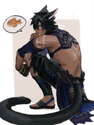 Rule 34 | 1boy, animal ears, warrior of light (ff14), bad id, bad pixiv id, bare back, black gloves, black hair, black pants, black tail, brown background, cat boy, cat ears, cat tail, clothing request, commentary request, dark-skinned male, dark skin, eating, final fantasy, final fantasy xiv, food, from side, full body, gloves, green eyes, hair between eyes, leg wrap, looking at viewer, looking to the side, male focus, miqo&#039;te, mn (zig r14), pants, pectorals, profile, sandals, scar, scar on arm, scar on back, scar on face, short hair, sideways glance, solo, speech bubble, spoken food, spoken object, squatting, tail, taiyaki, toned, toned male, torn clothes, torn pants, twitter username, wagashi, white background