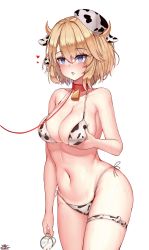 Rule 34 | 1girl, absurdres, animal ears, animal print, azur lane, bell, bikini, blonde hair, blush, breasts, breasts squeezed together, collar, commentary, covered erect nipples, cow ears, cow horns, cow print, cowbell, cowboy shot, cup, drooling, english commentary, hair between eyes, hair ornament, hair ribbon, heart, heart-shaped pupils, highres, holding, holding cup, horns, large breasts, leash, lilac (k32420276), looking ahead, micro bikini, milk, navel, neck bell, open mouth, ribbon, saliva, side-tie bikini bottom, simple background, slave, solo, spilled milk, strap gap, sweat, swimsuit, symbol-shaped pupils, thigh strap, wet, white background, z23 (azur lane)