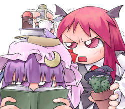 Rule 34 | 2girls, angry, cactus, chibi, embodiment of scarlet devil, female focus, hat, head wings, koakuma, lowres, multiple girls, nyagakiya, object on head, patchouli knowledge, purple eyes, purple hair, reading, red eyes, red hair, simple background, touhou, upper body, white background, wings