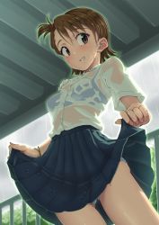 Rule 34 | 1girl, aya shachou, bra, bracelet, breasts, brown eyes, brown hair, clothes lift, from below, futami ami, grin, highres, idolmaster, idolmaster (classic), jewelry, looking down, panties, railing, rain, see-through, short hair, side ponytail, skirt, skirt lift, small breasts, smile, solo, underwear, upskirt, water, wet, wet clothes