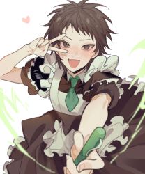 Rule 34 | 1boy, absurdres, apron, blush, brown dress, brown eyes, brown hair, chinese commentary, commentary request, dream633, dress, embarrassed, fangs, frilled apron, frilled dress, frills, green necktie, harada minoru, heart, highres, maid, maid apron, male focus, necktie, open mouth, puffy short sleeves, puffy sleeves, saibou shinkyoku, short hair, short necktie, short sleeves, smile, solo, v, white apron