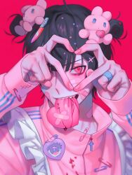 1boy bandaid black_hair blood commentary double_bun gyuing666 hair_bun heart heart-shaped_pupils heart_hands highres jersey_maid knife knife_hair_ornament long_sleeves looking_at_viewer maid male_focus mouth_hold original pink_hair pink_theme ringed_eyes safety_pin short_hair solo stuffed_animal stuffed_toy symbol-only_commentary symbol-shaped_pupils unconventional_maid yami_kawaii