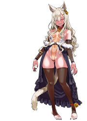 Rule 34 | 1girl, animal ears, asanagi, bare shoulders, bell, black nails, black thighhighs, blonde hair, breasts, cameltoe, covered navel, detached sleeves, earrings, eyelashes, fangs, full body, fur trim, gluteal fold, grin, highres, hikimayu, jewelry, leotard, long hair, looking at viewer, nail polish, neck bell, original, red eyes, small breasts, smile, solo, thighhighs, toeless legwear