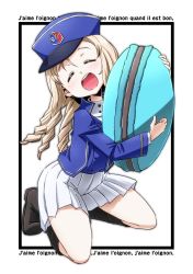 Rule 34 | 1girl, aono3, bc freedom military uniform, blonde hair, blue hat, blue jacket, blue vest, blush, boots, closed eyes, drill hair, food, french text, girls und panzer, hat, high collar, highres, hug, jacket, kneeling, long hair, long sleeves, macaron, marie (girls und panzer), open mouth, pleated skirt, shako cap, simple background, skirt, smile, solo, teeth, thighs, tongue, vest, white background, white skirt