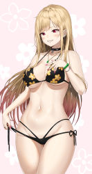 Rule 34 | 1girl, absurdres, barbell piercing, bikini, black bikini, black choker, blonde hair, bracelet, breasts, choker, collarbone, colored tips, commentary request, cowboy shot, ear piercing, earrings, floral print, gradient hair, halterneck, hand on own chest, hand up, highres, jewelry, kitagawa marin, large breasts, long hair, looking at viewer, multicolored hair, nail polish, navel, necklace, open bikini, open clothes, piercing, pink nails, pixel (yuxian), print bikini, red eyes, red hair, ring, side-tie bikini bottom, smile, solo, sono bisque doll wa koi wo suru, standing, stomach, string bikini, swimsuit, untied bikini, very long hair