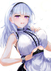 Rule 34 | 1girl, anchor choker, anchor necklace, apron, azur lane, bad id, bad pixiv id, black hairband, blunt bangs, blush, bracelet, breasts, center frills, choker, clothing cutout, commentary request, diamond earrings, dido (azur lane), dress, earrings, frilled apron, frilled choker, frills, hairband, hands on own chest, highres, jewelry, lace-trimmed hairband, lace trim, large breasts, long hair, looking down, maid, maid apron, necklace, nukuiru susu, open mouth, pink eyes, sideboob, simple background, sleeveless, sleeveless dress, solo, underboob, underboob cutout, upper body, waist apron, water drop, wet, wet clothes, wet dress, wet spot, white apron, white background, white hair