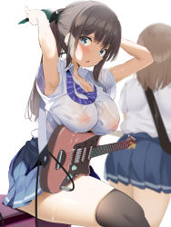 Rule 34 | 2girls, adjusting hair, arms up, black hair, black legwear, blue eyes, blush, breast rest, breasts, brown hair, covered erect nipples, electric guitar, fender jazzmaster, guitar, hair ribbon, instrument, lactation, large breasts, long hair, looking at viewer, multiple girls, nipples, no bra, noripachi, open mouth, original, ponytail, ribbon, school uniform, see-through silhouette, sitting, skirt, striped neckwear, sweat, thighhighs, wet, wet clothes