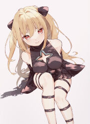Rule 34 | 1girl, bare shoulders, belt, black dress, blonde hair, closed mouth, commentary request, cross cutout, detached sleeves, dress, feet out of frame, grey background, highres, konjiki no yami, leg belt, long hair, looking at viewer, manatsuki manata, red eyes, simple background, skindentation, solo, thigh belt, thigh strap, to love-ru