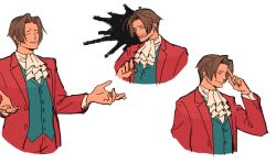 Rule 34 | 1boy, ace attorney, ascot, brown hair, closed eyes, curtained hair, finger to head, formal, hair intakes, highres, jacket, long sleeves, male focus, miles edgeworth, multiple views, pants, red jacket, red pants, red suit, shirt, short hair, shrugging, simple background, smile, solo, suit, surprised, upper body, white ascot, white background, white shirt, wwwsumiso