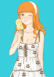 Rule 34 | 1girl, absurdres, banira (oocooocooocoo), blue background, blunt bangs, blush, breasts, casual, cleavage, closed mouth, commentary, dress, food, girls und panzer, hairband, half-closed eye, highres, holding, holding food, ice cream cone, long hair, looking at viewer, one eye closed, orange eyes, orange hair, puckered lips, romaji commentary, simple background, solo, spaghetti strap, standing, takebe saori, upper body, white dress, white hairband