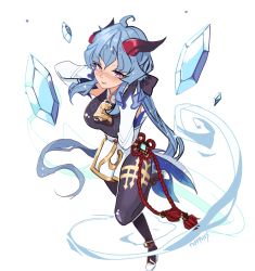 Rule 34 | 1girl, absurdres, ahoge, artist name, bare shoulders, bell, black legwear, blue hair, blush, breasts, chinese knot, detached sleeves, flower knot, full body, ganyu (genshin impact), genshin impact, gold trim, high heels, highres, horns, long hair, looking at viewer, medium breasts, neck bell, puffphox, purple eyes, red rope, rope, sidelocks, solo, standing, tassel, thighlet, vision (genshin impact), white background, white sleeves