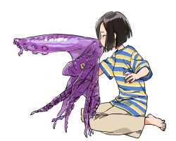 Rule 34 | 1girl, barefoot, black hair, blowing, blue shirt, blunt ends, brown pants, closed eyes, facing ahead, from side, full body, hand up, highres, holding, holding toy, inflatable octopus, inflatable toy, multicolored shirt, original, pants, profile, shirt, short hair, short sleeves, simple background, sitting, solo, striped clothes, striped shirt, swept bangs, toenails, toes, toy, wariza, white background, yellow shirt, yk (tnkau)