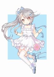 Rule 34 | 1girl, :o, ankle bow, ankle ribbon, asymmetrical legwear, bare arms, blue bow, blue footwear, blue ribbon, blush, bow, brown eyes, commentary request, dress, flower bracelet, frilled dress, frills, full body, grey hair, hair bow, hair ornament, hairclip, head tilt, jumping, leg ribbon, long hair, looking at viewer, ning hai (warship girls r), parted lips, ribbon, shoes, side ponytail, single thighhigh, sleeveless, sleeveless dress, solo, tengxiang lingnai, thighhighs, uneven legwear, warship girls r, white bow, white dress, white thighhighs