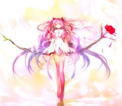 Rule 34 | 1girl, absurdly long hair, alternate costume, arms at sides, bow (weapon), capelet, dress, flower, gradient background, hair ribbon, half-closed eyes, holding, holding bow (weapon), holding weapon, kaname madoka, legs together, lens flare, light smile, long hair, long sleeves, looking at viewer, mahou shoujo madoka magica, mahou shoujo madoka magica (anime), neck ribbon, oka (umanihiki), orange background, orange theme, parted lips, pink capelet, pink flower, pink hair, pink rose, pink theme, pink thighhighs, red ribbon, reflection, ribbon, rose, short dress, simple background, solo, thighhighs, transparent wings, two side up, ultimate madoka, very long hair, weapon, white background, white dress, white ribbon, winged footwear, wings, yellow eyes, zettai ryouiki