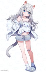 Rule 34 | 1girl, :o, animal ears, animal slippers, bandaid, bandaid on knee, bandaid on leg, bare shoulders, blue eyes, blush, camisole, cat ears, cat girl, cat tail, collarbone, commentary request, full body, grey camisole, grey footwear, grey hair, grey shorts, hair between eyes, hair ornament, hairclip, hugging object, jacket, long hair, long sleeves, looking at viewer, mafuyu (chibi21), off shoulder, open clothes, open jacket, original, parted lips, sample watermark, short shorts, shorts, sleeves past fingers, sleeves past wrists, slippers, socks, solo, standing, striped clothes, striped jacket, striped socks, stuffed animal, stuffed cat, stuffed toy, tail, very long hair, watermark, white background