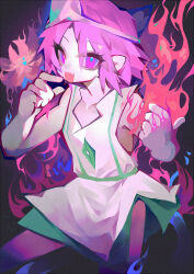 Rule 34 | 1other, androgynous, collarbone, commentary, dress, eyes visible through hair, fang, film grain, fire, hands up, highres, len&#039;en, open mouth, other focus, pink eyes, pink hair, pink headwear, routinearson, shion (len&#039;en), short hair, skin fang, sleeveless, sleeveless dress, smile, solo, triangular headpiece, white dress