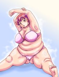 Rule 34 | 1girl, armpits, arms up, belly, blush, bra, breasts, brown eyes, brown hair, cameltoe, cleavage, fat, highres, huge breasts, inamori futayo, large breasts, obese, open mouth, original, orizen, panties, red hair, sitting, solo, thick thighs, thighs, underwear