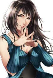 Rule 34 | 1990s (style), 1girl, :d, arm ribbon, arm warmers, bare shoulders, black ribbon, black shirt, blue jacket, breasts, brown eyes, brown hair, buttons, cleavage, collarbone, final fantasy, final fantasy viii, fingernails, fingers together, hands up, highres, hiromyan, jacket, jewelry, lips, long hair, looking at viewer, medium breasts, nail polish, necklace, nose, open mouth, pink lips, pink nails, retro artstyle, ribbon, ring, ring necklace, rinoa heartilly, shirt, simple background, sleeveless, sleeveless jacket, sleeveless shirt, smile, solo, teeth, upper body, white background