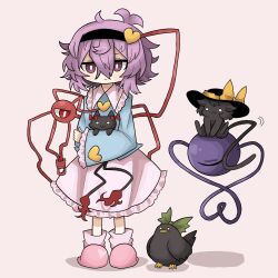 Rule 34 | :3, animal, animal ears, bird, black feathers, black fur, black headwear, black wings, blue shirt, blush, bright pupils, buttons, cat, crow, feathers, green ribbon, hair ornament, hat, heart, heart button, heart hair ornament, highres, holding, holding animal, holding cat, kaenbyou rin, kaenbyou rin (cat), komeiji koishi, komeiji koishi (cat), komeiji satori, long sleeves, multiple tails, pet, pink eyes, pink hair, pink skirt, red eyes, red fur, red ribbon, reiuji utsuho, reiuji utsuho (bird), ribbon, ribbon-trimmed clothes, ribbon-trimmed skirt, ribbon-trimmed sleeves, ribbon trim, shirt, short hair, siblings, sisters, skirt, sleeves past wrists, slippers, socks, tail, third eye, touhou, two tails, white eyes, white pupils, wings, yellow ribbon, zunusama