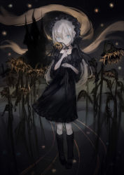Rule 34 | 1girl, alt (apou), black dress, blonde hair, blue eyes, commentary, dark, dress, faux traditional media, flower, gothic lolita, hairband, highres, holding, holding flower, kneehighs, lolita fashion, long hair, looking at viewer, mary janes, neck ribbon, original, pigeon-toed, ribbon, shoes, sketch, socks, solo, star (symbol), sunflower, texture