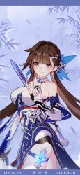 Rule 34 | 1girl, breasts, brown hair, character name, chinese clothes, earrings, english text, fingerless gloves, gloves, highres, honkai (series), honkai impact 3rd, jewelry, jian (weapon), large breasts, li sushang, li sushang (jade knight), long hair, looking at viewer, moon, official art, official wallpaper, smile, solo, standing, sword, upper body, very long hair, weapon