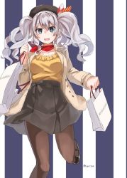 Rule 34 | 1girl, :d, alternate costume, bag, bandana, beret, black skirt, blue eyes, blush, breasts, buttons, coat, commentary, cowboy shot, grey eyes, grey hair, hair between eyes, hat, holding, holding bag, kantai collection, kashima (kancolle), kerchief, leg up, long hair, long sleeves, looking at viewer, mary janes, mitsukoshi (department store), open mouth, pantyhose, red bandana, red neckwear, shoes, shopping bag, sidelocks, skirt, smile, solo, sugue tettou, tsurime, twintails, twitter username, wavy hair