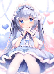 Rule 34 | 1girl, blue dress, blue eyes, blue hair, blush, comiket 103, commentary, dress, fur-trimmed dress, fur trim, haru ichigo, highres, knees together feet apart, long hair, looking at viewer, maid headdress, original, pantyhose, parted lips, solo, steepled fingers, symbol-only commentary, twintails, white pantyhose