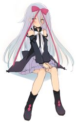 Rule 34 | 1girl, backlighting, bare shoulders, black dress, black footwear, blush, boots, bow, closed mouth, commentary request, dress, eyes visible through hair, full body, grey hair, hair between eyes, hair bow, hair ribbon, hoshizora no memoria, long hair, long ribbon, looking at viewer, mare s. ephemeral, nagesuteaka, off-shoulder dress, off shoulder, pink bow, pink ribbon, ribbon, short dress, simple background, sitting, solo, v arms, very long hair, white background, white bow, wide sleeves, yellow eyes