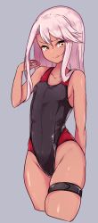 Rule 34 | 1girl, bare shoulders, black one-piece swimsuit, blush, breasts, chawan (yultutari), chloe von einzbern, closed mouth, collarbone, competition swimsuit, covered navel, dark-skinned female, dark skin, fate/kaleid liner prisma illya, fate (series), grey background, hand up, highleg, highleg swimsuit, highres, licking lips, long hair, looking at viewer, one-piece swimsuit, orange eyes, pink hair, red one-piece swimsuit, simple background, small breasts, smile, solo, swept bangs, swimsuit, thigh strap, thighs, tongue, tongue out, two-tone swimsuit, wet