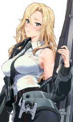 Rule 34 | 1girl, absurdres, armpits, belt, between breasts, black belt, black jacket, blonde hair, blue eyes, blush, bomber jacket, breasts, commentary request, weapon case, hair between eyes, highres, holding, hornet (kancolle), ishii takamori, jacket, kantai collection, large breasts, long hair, looking at viewer, necktie, necktie between breasts, off shoulder, parted lips, pencil skirt, revision, see-through, shirt, simple background, skirt, sleeveless, sleeveless shirt, solo, steam, sweat, white background, white shirt