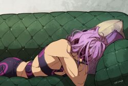 Rule 34 | 1boy, closed eyes, closed mouth, couch, cushion, eye mask, jojo no kimyou na bouken, lying, male focus, medium hair, melone, messy hair, mojisan (ebimo), on couch, on stomach, purple hair, signature, single bare shoulder, sleeping, solo, upper body