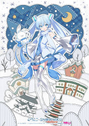 Rule 34 | 1girl, animal, aomori prefecture, architecture, bare shoulders, bare tree, blue eyes, blue hair, blue necktie, blue scarf, boots, building, castle, commentary, crescent moon, crypton future media, detached sleeves, earmuffs, east asian architecture, full body, grey skirt, grey sleeves, grey thighhighs, hair ornament, hatsune miku, headset, highres, hirosaki castle, holding sewing needle, kiya machi, landmark, light blue hair, long hair, looking at viewer, miniskirt, mittens, moon, necktie, night, official art, open mouth, pagoda, piapro, pleated skirt, rabbit, rabbit yukine, scarf, second-party source, shiny clothes, shirt, skirt, sleeveless, sleeveless shirt, smile, snowflake print, snowflakes, solo, star (symbol), stitches, thigh boots, thighhighs, thread, tree, twintails, very long hair, vocaloid, white mittens, white scarf, white shirt, yuki miku, yuki miku (2011)