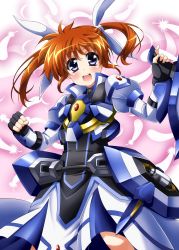 Rule 34 | 1girl, :d, absurdres, armor, armored dress, blue eyes, brown hair, commentary request, dress, feathers, gun, hair ribbon, highres, holding, holding gun, holding weapon, juliet sleeves, long dress, long sleeves, looking at viewer, lyrical nanoha, magical girl, mahou shoujo lyrical nanoha reflection, open mouth, puffy sleeves, ribbon, short hair, simple background, smile, solo, standing, strike cannon, takamachi nanoha, takamachi nanoha (fortress mode), weapon, white background, white dress, white ribbon, yorousa (yoroiusagi)