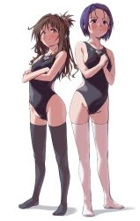 Rule 34 | 2girls, absurdres, arado balanga (xchd7538), bad id, bad pixiv id, bare shoulders, blush, brown eyes, brown hair, closed mouth, collarbone, commentary, commission, competition swimsuit, eyebrows, female focus, full body, groin, hair ornament, highres, long hair, looking at viewer, medium hair, multiple girls, one-piece swimsuit, over-kneehighs, pixiv commission, purple hair, sairenji haruna, simple background, swimsuit, tears, thighhighs, thighs, to love-ru, to love-ru darkness, wavy mouth, white legwear, yuuki mikan