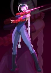 Rule 34 | 1girl, arm blade, boots, braid, capcom, decapre, fingerless gloves, gloves, glowing, glowing eyes, glowing weapon, grey hair, highres, knee boots, leotard, mask, pantyhose, solo, street fighter, street fighter v, tovio rogers, twin braids, weapon