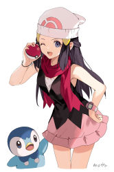 Rule 34 | 1girl, ;d, beanie, black hair, bracelet, commentary request, creatures (company), dawn (pokemon), eyelashes, game freak, gen 4 pokemon, grey eyes, hair ornament, hairclip, hat, highres, holding, holding poke ball, jewelry, long hair, motto (night wear), nintendo, one eye closed, open mouth, pink skirt, piplup, poke ball, poke ball (basic), pokemon, pokemon (creature), pokemon dppt, poketch, scarf, shirt, sidelocks, signature, skirt, skirt tug, sleeveless, sleeveless shirt, smile, tongue, watch, white headwear, wristwatch