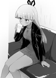 Rule 34 | 1girl, absurdres, alice gear aegis, araime yasuri, blunt bangs, blush, breasts, closed mouth, couch, cup, dress, female focus, greyscale, hair ornament, highres, holding, holding cup, jacket, jewelry, long hair, long sleeves, medium breasts, monochrome, necklace, open clothes, open jacket, sitting, solo, sweat, tan, unpasu