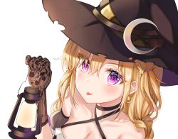 Rule 34 | 1girl, absurdres, bad id, bad twitter id, bare shoulders, black gloves, black hat, breasts, cleavage, eyes visible through hair, gloves, hair between eyes, halterneck, hat, highres, holding, lamp, large breasts, looking at viewer, mole, mole under eye, original, simple background, solo, tokkyu, tongue, tongue out, white background, witch hat