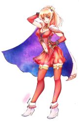 Rule 34 | 1girl, blonde hair, cleavage cutout, clothing cutout, collaboration, dress, fina (ffbe), final fantasy, final fantasy brave exvius, flower, full body, gloves, gor3zilla, hair flower, hair ornament, hand on own hip, hand on own head, high heels, highres, jewelry, lady hero, medium hair, navel, necklace, red dress, side cutout, smile, solo, starry sky print, stomach cutout, thighhighs, white background