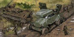 Rule 34 | 6+boys, absurdres, caterpillar tracks, commentary, english commentary, from above, gun, helmet, highres, holding, holding gun, holding weapon, looking to the side, mike doscher, military, military vehicle, motor vehicle, multiple boys, original, tank, tank turret, truck, vehicle focus, walking, weapon