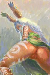 Rule 34 | 1girl, animal ears, anus, ass, rabbit ears, censored, dark skin, dark-skinned female, final fantasy, final fantasy tactics advance, from behind, long hair, looking at viewer, looking back, marmelo, mosaic censoring, no panties, pussy, solo, spread legs, tattoo, veil, viera, white hair