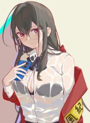 Rule 34 | 1girl, ahoge, armband, azur lane, black bow, black bra, bow, bra, bra visible through clothes, breasts, cellphone, cleavage, collared shirt, crossed bangs, huge ahoge, jacket, kylin 47, large breasts, long hair, long sleeves, official alternate costume, partially unbuttoned, phone, red eyes, red jacket, round eyewear, see-through, shirt, simple background, smartphone, solo, taihou (azur lane), taihou (sweet time after school) (azur lane), underwear, upper body, very long hair, wet, wet clothes, wet shirt, white shirt, yellow armband
