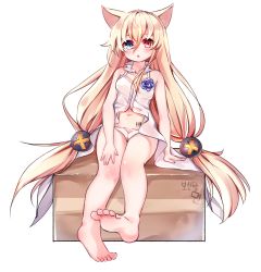 Rule 34 | 1girl, animal ears, barefoot, blonde hair, blue eyes, cat ears, commentary request, feet, g41 (girls&#039; frontline), girls&#039; frontline, heterochromia, highres, kosobin, legs, long hair, low-tied long hair, navel, no pants, open mouth, panties, red eyes, shirt, sitting, soles, solo, toes, twintails, underwear, very long hair, white panties, white shirt