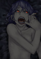 Rule 34 | 1girl, blue hair, dark, fang, fangs, female focus, finger in own mouth, fingernails, glowing, highres, lying, mouth pull, nail polish, nude, on back, on bed, open mouth, pointy ears, purple hair, red eyes, red nails, remilia scarlet, robo8, robo8 (pixiv), solo, teeth, tongue, touhou