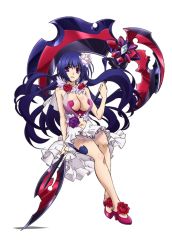 Rule 34 | 10s, 1girl, blue hair, breasts, cleavage, female focus, flower, large breasts, long hair, madan no ou to vanadis, navel, purple eyes, red flower, red rose, rose, solo, standing, stitched, third-party edit, valentina glinka estes, very long hair, white flower, white rose