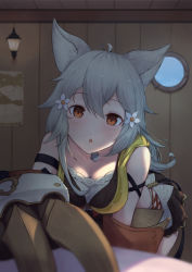 Rule 34 | 1girl, ahoge, animal ear fluff, animal ears, bare shoulders, bell, blurry, blurry foreground, blush, breasts, brown eyes, brown skirt, chestnut mouth, claw (weapon), cleavage, collarbone, commentary request, depth of field, erune, fang, flower, granblue fantasy, grey hair, hair between eyes, hair flower, hair ornament, head tilt, highres, indoors, jingle bell, leaning forward, long hair, looking at viewer, md5 mismatch, medium breasts, parted lips, resolution mismatch, revision, round window, sen (granblue fantasy), skirt, solo, source larger, uneg, wall lamp, weapon, white flower, window, wooden wall