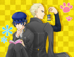 Rule 34 | 1boy, 1girl, androgynous, atlus, blue eyes, blue hair, book, cabbie hat, comic, crossdressing, hand on own face, hat, jack frost (megami tensei), open book, persona, persona 4, popped collar, puchika, reading, reverse trap, shirogane naoto, short hair, tatsumi kanji