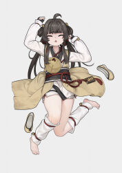 Rule 34 | 1girl, ahoge, arm up, barefoot, bell, black gloves, black hair, brown footwear, chinese clothes, closed eyes, commentary request, facing viewer, fingerless gloves, full body, gloves, grey background, hair bell, hair ornament, hair rings, hand up, highres, jingle bell, knees together feet apart, long hair, long sleeves, lying, obi, on back, open mouth, original, puffy long sleeves, puffy sleeves, sash, shoes, simple background, sleeves past wrists, solo, unworn shoes, very long hair, white ph