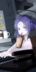 Rule 34 | 1girl, absurdres, bags under eyes, bandaid, bandaid on face, bandaid on forehead, black bra, blue archive, bra, bra visible through clothes, breasts, bubble tea, bubble tea challenge, computer keyboard, cup, disposable coffee cup, disposable cup, drinking, exhausted, forehead, halo, highres, indoors, large breasts, looking ahead, purple hair, ryeon (bluetom1), shirt, solo, stapler, two side up, typing, underwear, white shirt, yuuka (blue archive)